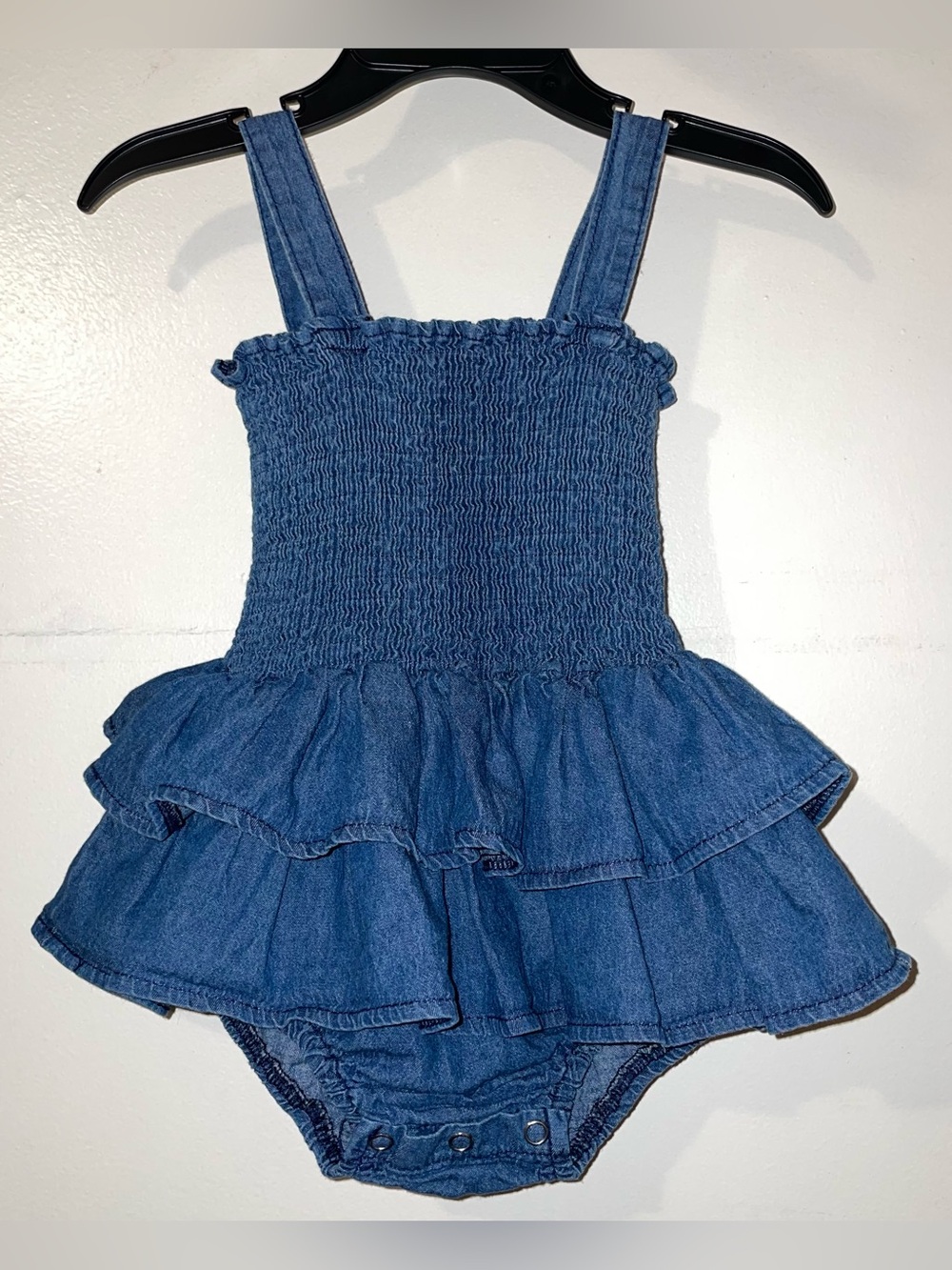 Denim Tiered Ruffle Smocked Romper Dress